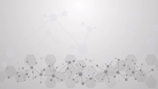 Geometric gray background with hexagonal shapes and molecular mesh. Connected lines and dots. Looped animation. Copy space.