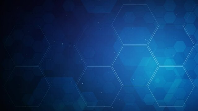 Abstract blue technological background with hexagonal shapes. Blinking polygonal lines with flying particles. Looped motion graphics.