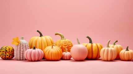 Naklejka na ściany i meble Beautiful decorative pumpkins on pastel pink background