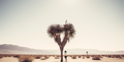 Captivating woman embracing freedom in vast desert, highlighted by a heart-shaped palm tree. De-contrasted and desaturated for an evoking cold, serene feel.