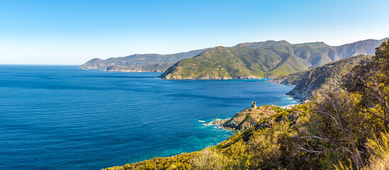 Fototapeta na wymiar Panoramic view at wild coast of Upper Corsica (Haute Corse) - France