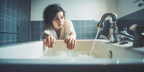 Captivating scene of woman patiently watching bath fill with water, evoking feelings of anticipation and tranquility.