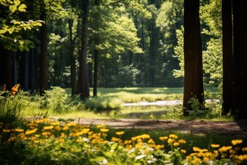 Forest glade with lots of yellow summer flowers and trees 