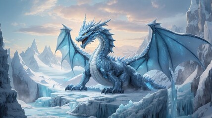 In the heart of the frozen, enchanted realm known as Glaciesis, where endless ice-capped mountains pierced the sky and icy rivers wove their way through the landscape, there was a legend - Ice dragon - obrazy, fototapety, plakaty