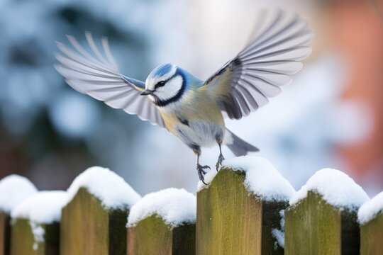 Blue tit landing on a snow-covered garden fence.