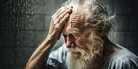 Elderly man independently washing hair under shower, showcasing resilience and portraying critical issues of senior self-care at home.