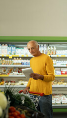 Elderly man at the supermarket shopping with a grocery list and pushing cart. Retail concept.