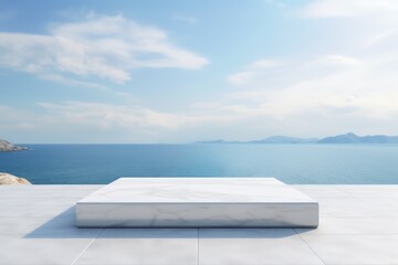 White marble podium with blue sea view background