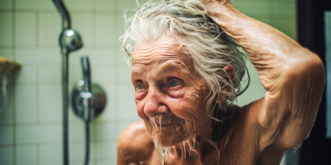 Touching portrayal of an independent, elderly man with beard, washing his hair alone in the shower reflecting personal hygiene struggles among aged population. - obrazy, fototapety, plakaty