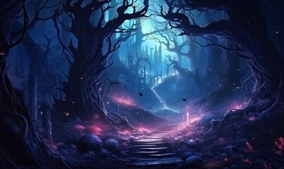 The ethereal fantasy forest landscape captivates with its vibrant colors and otherworldly atmosphere.