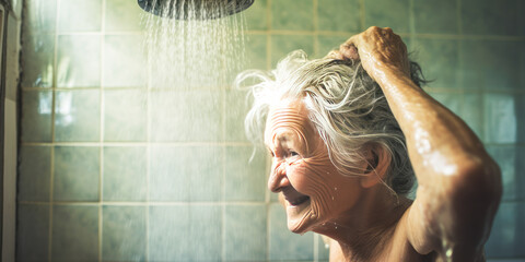 Touching portrayal of elderly woman showering independently, emphasizes the issue of solitary senior hygiene in a domestic environment.