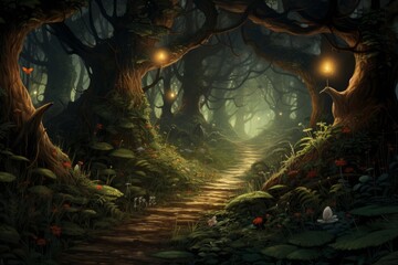 A mystical forest with ancient, towering trees inhabited by whimsical fairies and talking animals, their eyes filled with curiosity.