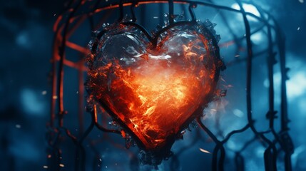 A close-up of an icy heart encased in a fiery cage, symbolizing the complexities of passion and emotion.