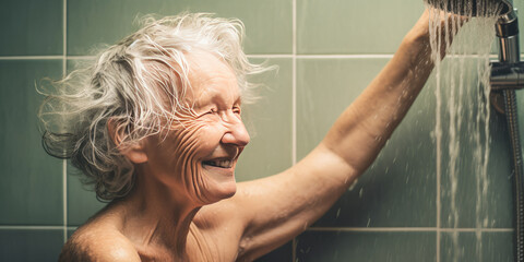 Touching portrayal of senior woman, alone, showering and washing hair. Depicts challenges in hygiene for elderly living independently.