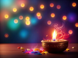 Beautiful Diwali Diya on light blur background with colorful smoke.