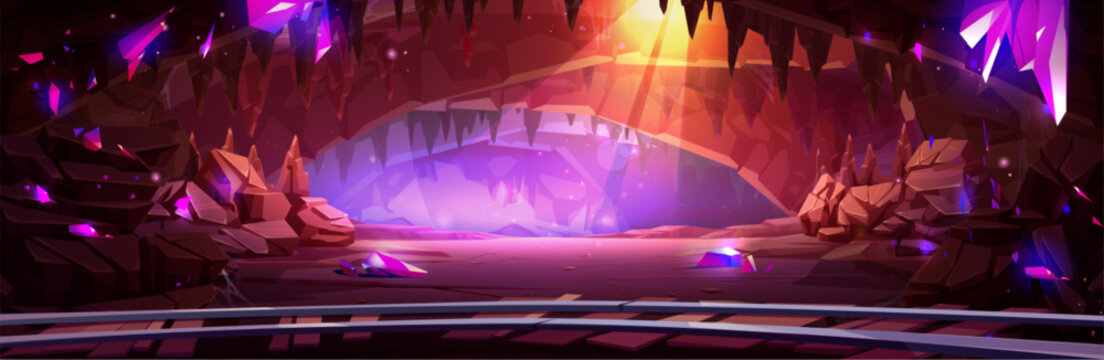 Rail in underground mine cave cartoon game vector. Purple crystal and diamond treasure indoor old tunnel construction with metal railway. Mysterious sunlight ray inside from hole through stalagmite