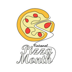 One continuous line drawing of national pizza month with white background. national pizza month design in simple linear style. national pizza month design concept vector illustration.
