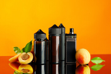 Vape smoking liquid with fruit flavor on orange background