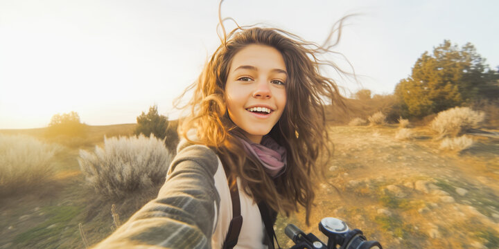 Cool, independent teen on travel adventures, capturing serenity and freedom with her camera. Image awash in cold colors lends a peaceful blend of naturalness and hippie lifestyle.