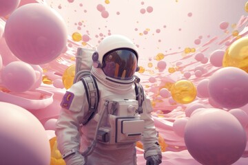 An astronaut character in a pastel yellow suit floats weightlessly amidst a sea of pastel purple and pink geometric shapes, creating an ethereal ambiance.