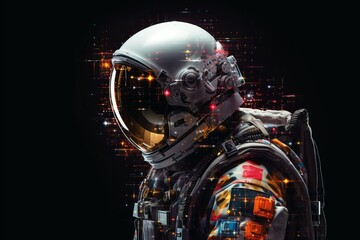 An abstract pixelated astronaut suit with pixelated communication equipment, underscoring the importance of staying connected in the vastness of space. - obrazy, fototapety, plakaty