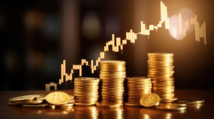 Growth gold coin investment business market financial, money chart stock profit exchange wealth background. - obrazy, fototapety, plakaty