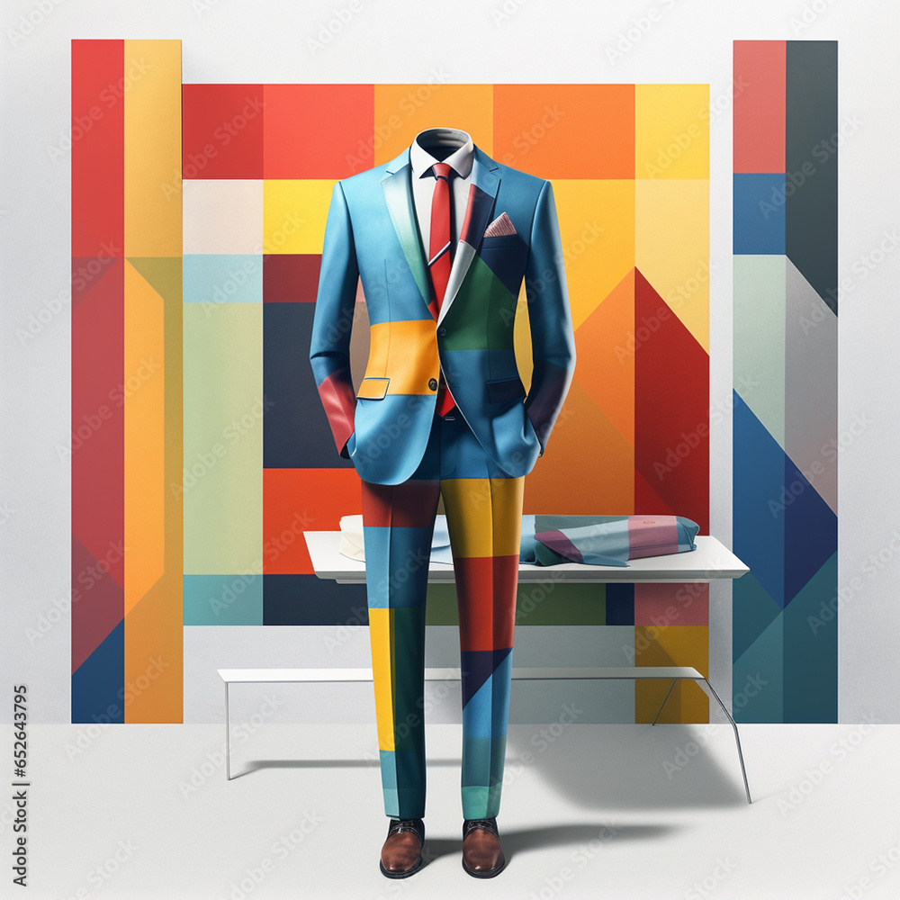 Poster  An artistic representation of a gentleman's tailored suit using geometric elements, with sharply defined angles and color-blocking techniques,  Generative AI technology.