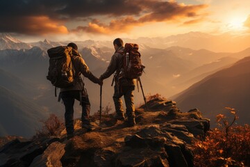 Together We Climb: A Hiker's Selfless Act of Assisting a Friend to the Mountain Summit - obrazy, fototapety, plakaty