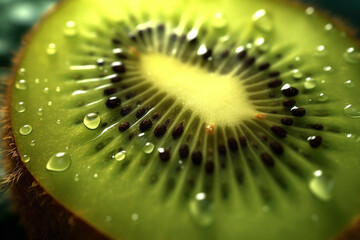  A close-up photograph of a sliced kiwi, revealing its vibrant green flesh speckled with tiny black seeds.  Generative AI technology.