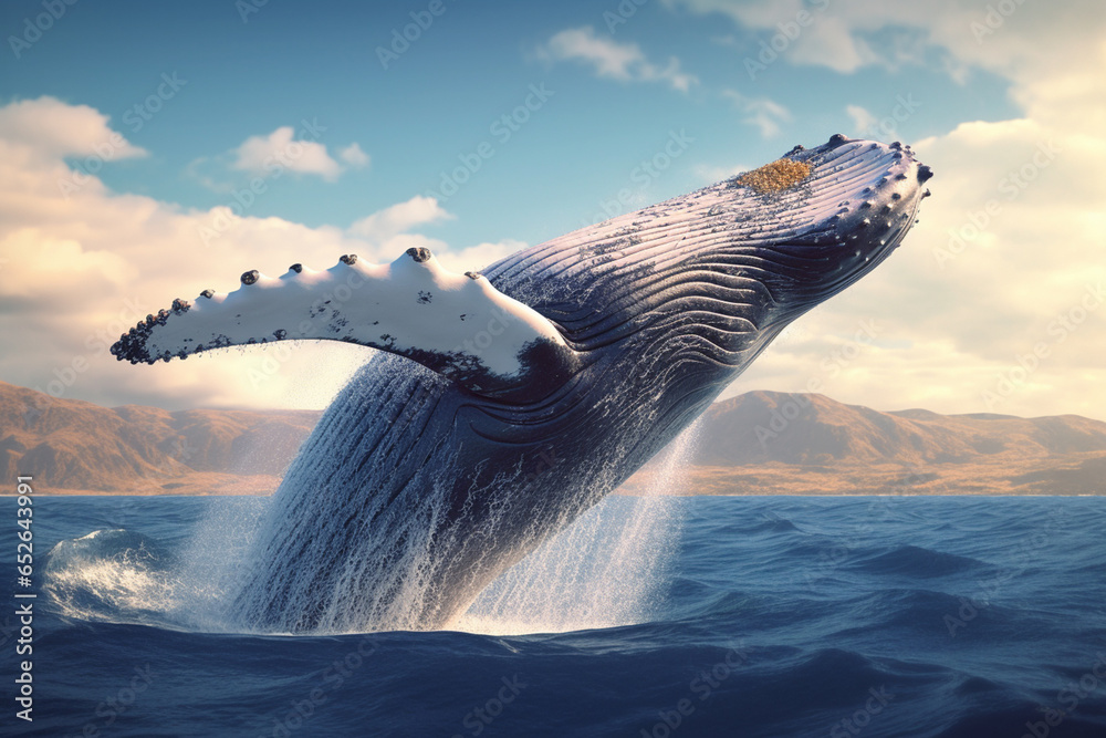 Poster a breathtaking image of a whale breaching the surface of the ocean, showcasing its massive size and 