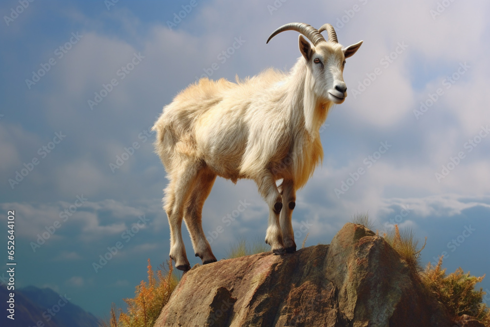 Poster a playful photograph of a goat perched on a rocky ledge, showcasing its agility and curious nature. 