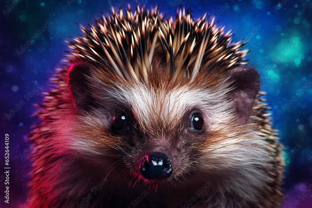 Poster a close-up image of a hedgehog, displaying its spiky quills and adorable face. generative ai technol