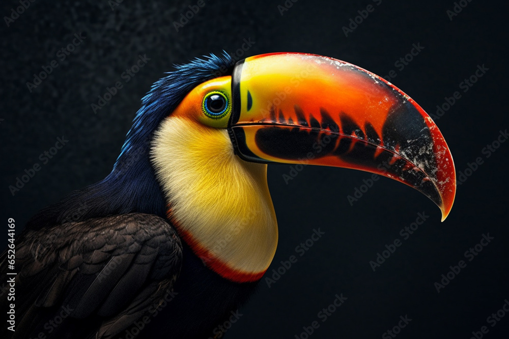 Poster a striking photograph of a toucan, showcasing its large beak and unique plumage. generative ai techn