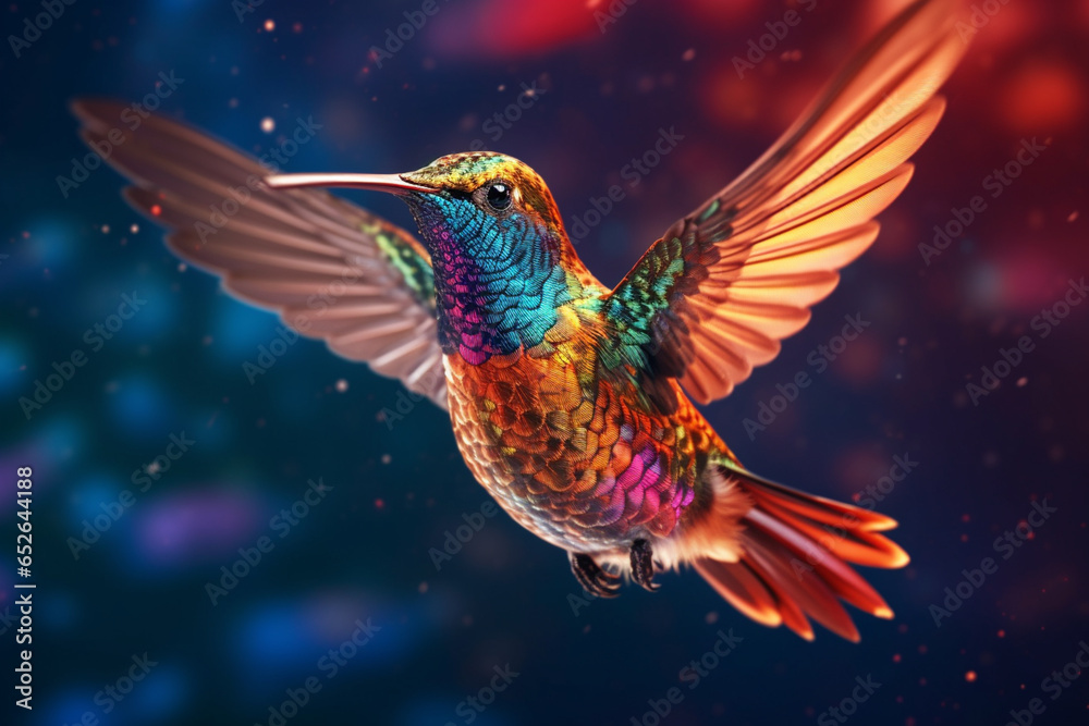 Poster a captivating image of a hummingbird in mid-flight, displaying its rapid wing movements and vibrant 