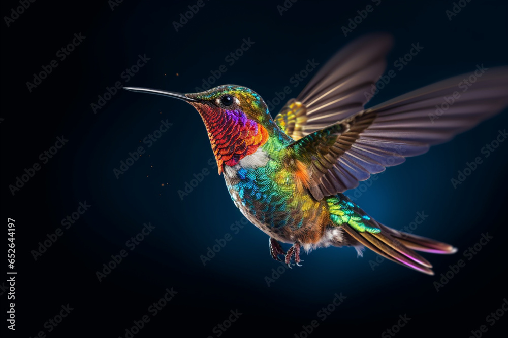 Poster a captivating image of a hummingbird in mid-flight, displaying its rapid wing movements and vibrant 