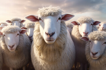  A peaceful image of a flock of sheep, capturing their fluffy white wool and calm demeanor.  Generative AI technology. - obrazy, fototapety, plakaty