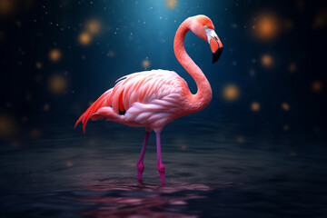  An elegant shot of a flamingo wading in water, highlighting its long neck and vibrant pink feathers. Generative AI technology.
