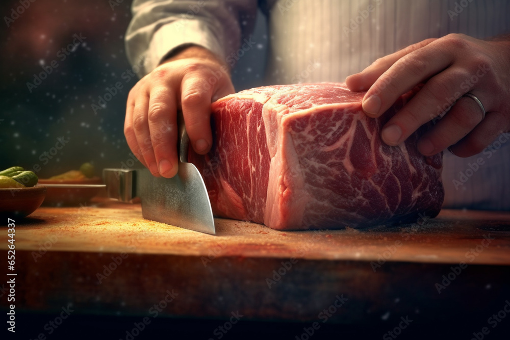 Poster a butcher sharpening a large meat cleaver, highlighting the importance of sharp tools in the trade. 