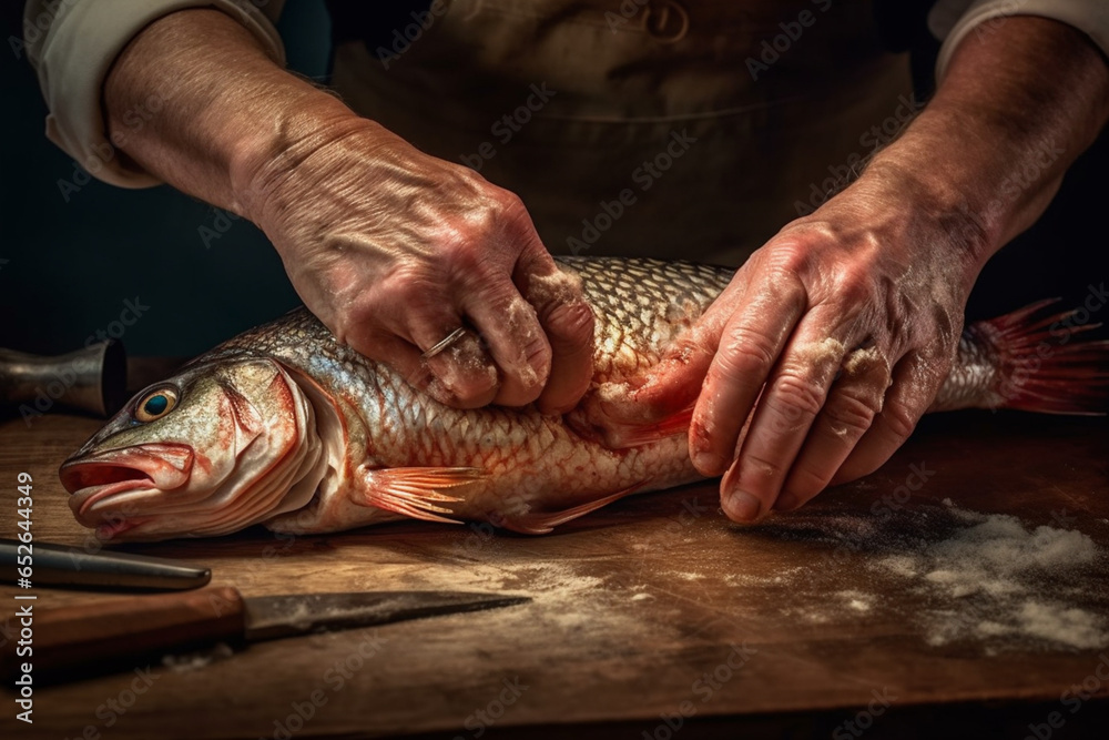 Poster  An image of a butcher's hands skillfully deboning a fish, illustrating the expertise and versatility of a professional butcher in handling seafood.  Generative AI technology.
