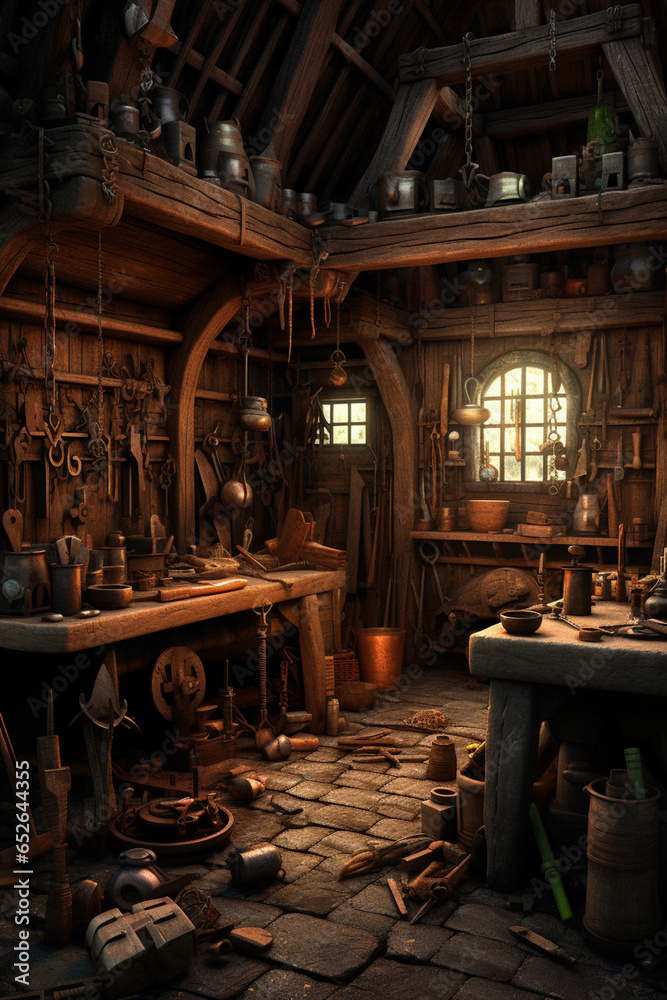 Poster an image of a traditional blacksmith workshop with various tools and equipment neatly arranged, show