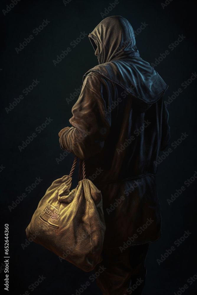 Poster an illustration of a bandit sneaking through the shadows with a bag of stolen loot, depicting the ad