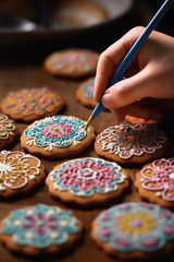  A confectioner meticulously icing and decorating sugar cookies with intricate designs and patterns, demonstrating precision and artistry.  Generative AI technology.