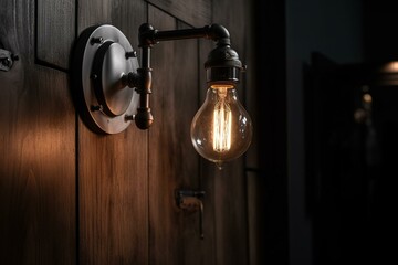 Vintage lighting, gray wall, wooden accents, modern design, film noise touch. Generative AI