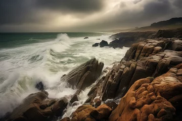 Fotobehang Powerful waves crashing on rugged coastline under stormy sky threatning rain. Generative AI © Adira