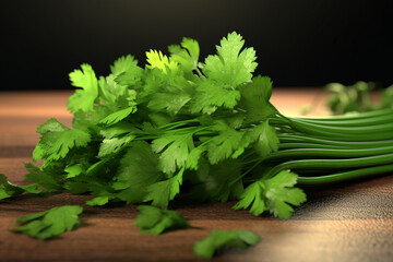 An image featuring a bunch of cilantro (coriander) leaves, known for their pungent aroma and vibrant appearance.  Generative AI technology.