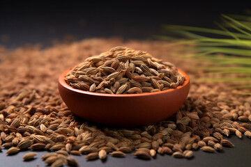 A photo showcasing caraway seeds, with their crescent-shaped appearance and warm, slightly bitter taste. Generative AI technology.