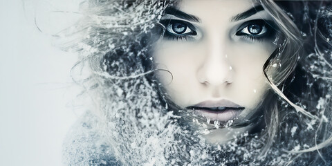 Stunning close-up of woman's face amidst snowy cold, perfect for winter-themed or female empowerment promotion with ample white space for text. Incorporates chill elegance and beauty.