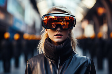 young female wearing futuristic glasses of virtual reality in blurred background