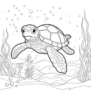 Stylized composition of turtle (tortoise) underwater seaweed and corals. Simple thick lines kids or children cartoon coloring book pages. Clean drawing can be vectorized to illustration. 

