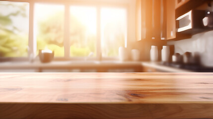 Empty wood table top on blur kitchen in morning sunshine 
background beautiful bokeh.
